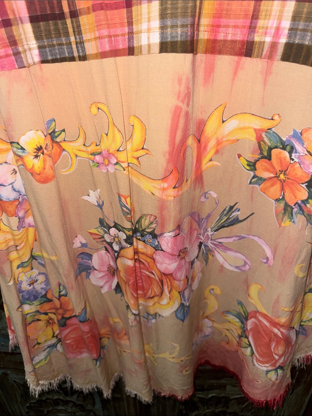 Aratta Coral Pink & Yellow Plaid-to-Floral Sheer Duster - Picture 5 of 9